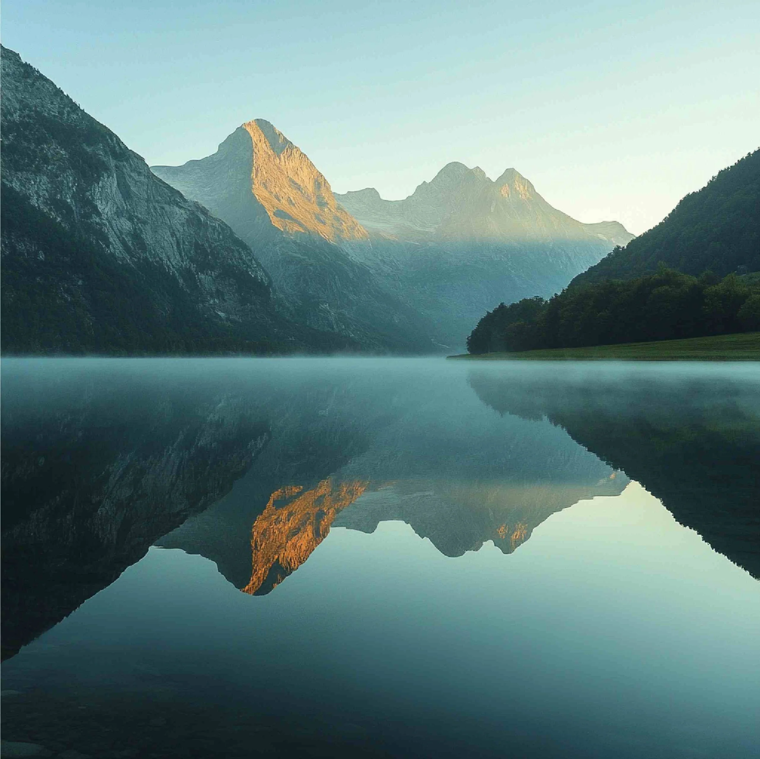 Berge, gespiegelt in einem See - klare, weite Atmosphäre