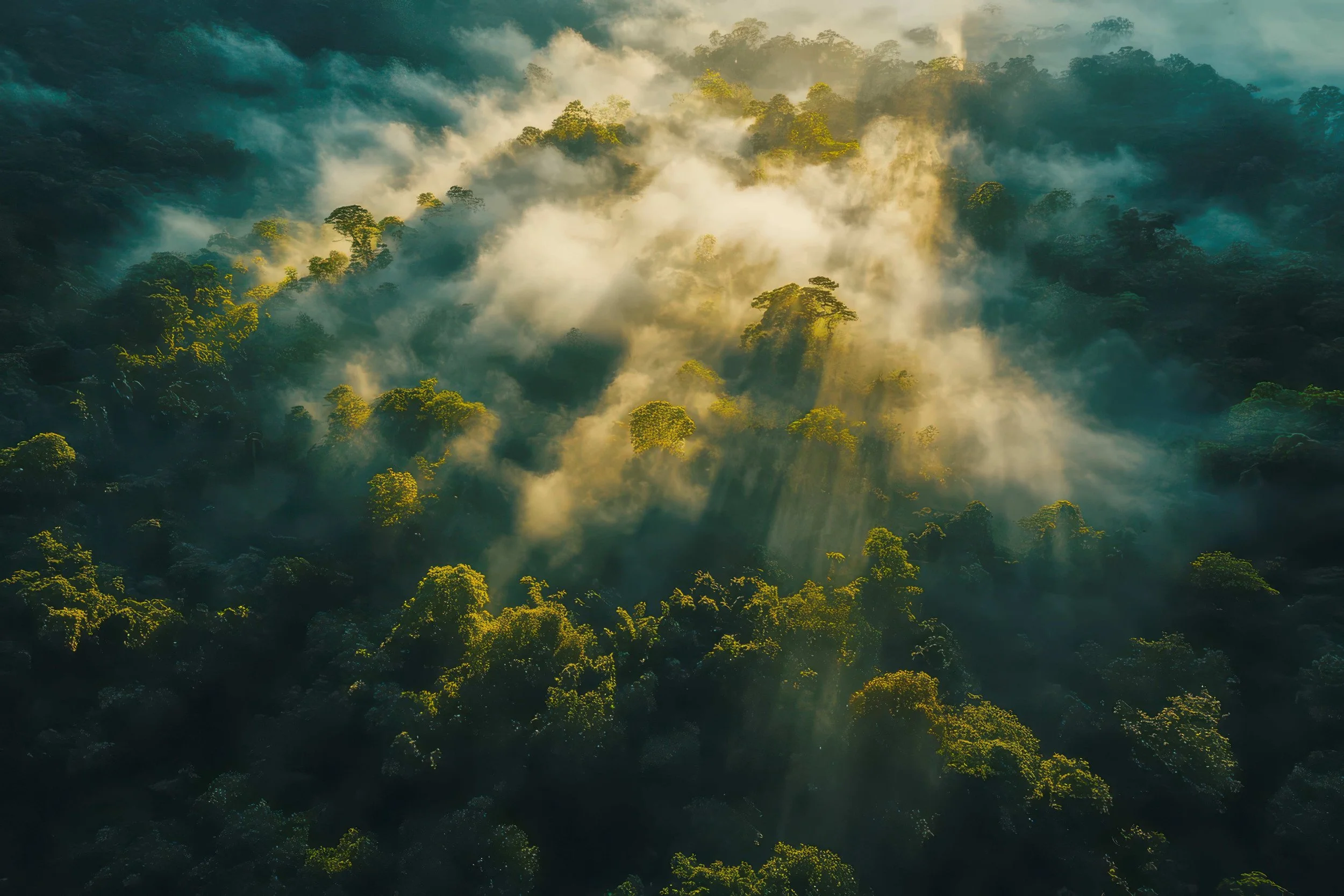 Luftperspektive eines dichten Urwalds. Weiche, leuchtende Sonnenstrahlen dringen durch Nebel. Symbolbild: Klarheit, Optimismus bei Therapieplatzsuche.