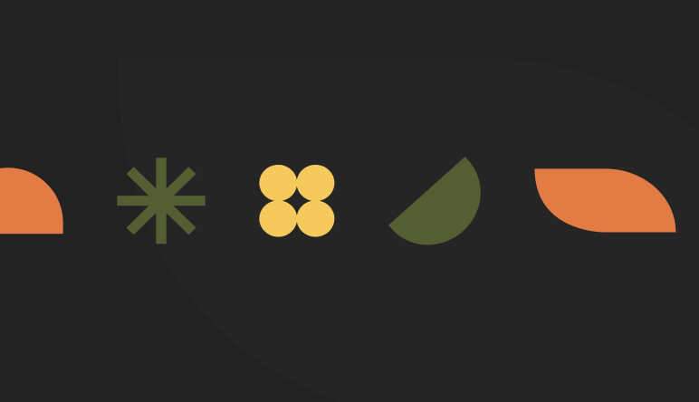 Simplified graphic of various fruit and vegetable icons on a black background, including a peach, an asterisk-like green shape, a cluster of four yellow circles, a green wedge, and an orange leaf shape.