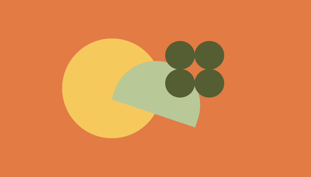 Minimalist illustration of a cheese wedge, a bunch of grapes, and a large yellow circle on an orange background.