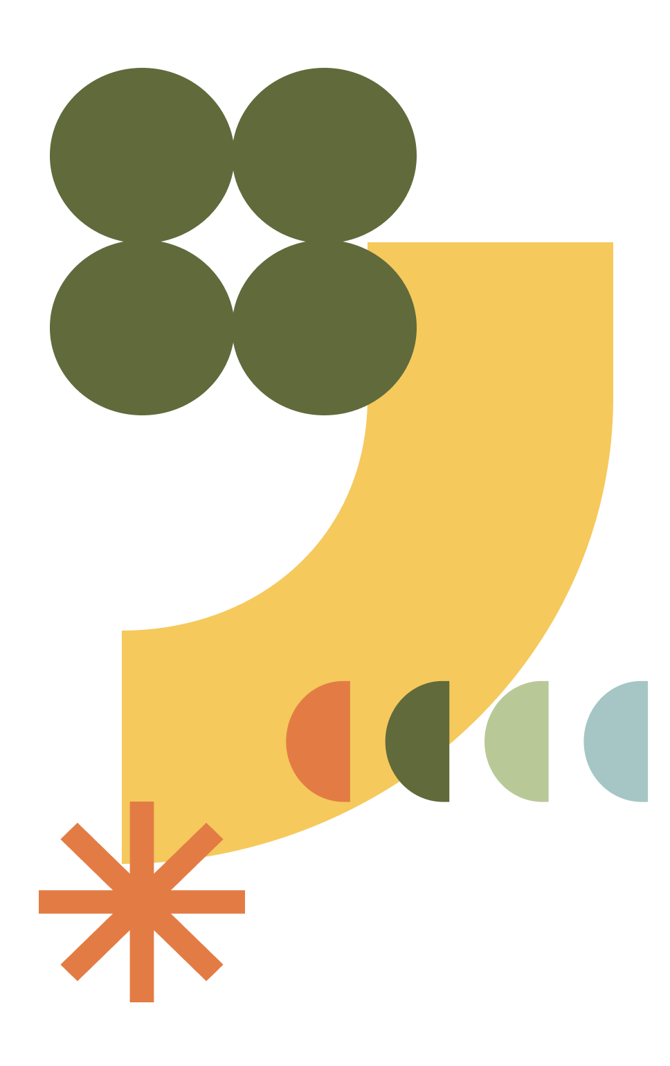 Abstract graphic design with green circles, a large yellow shape, colorful semi-circles, an orange asterisk, and various geometric forms.