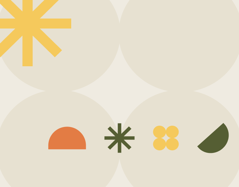 Arrangement of stylized abstract shapes in a grid with circles, semi-circles, and a starburst in various colors.