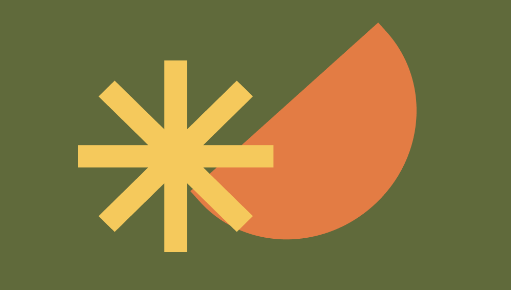 Abstract geometric shapes including a yellow starburst and an orange semi-circle on a green background.