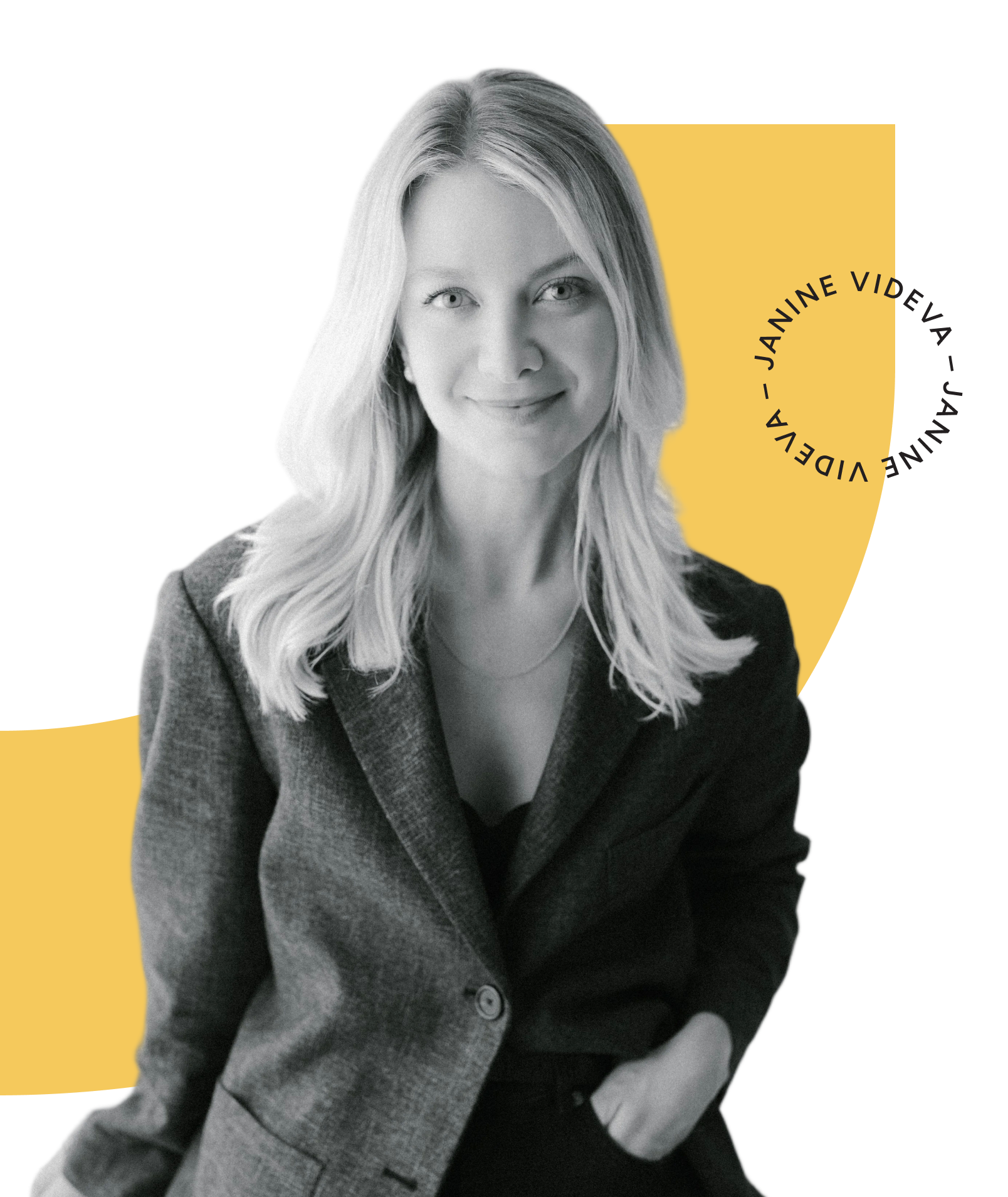 A black and white portrait of a woman with long blonde hair, wearing a blazer, smiling, with a yellow background and black text reading 'VIDEKA - JANINE VICKA' in a circular pattern.