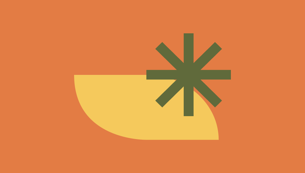 Abstract graphic with a large beige semi-circle, a green starburst shape, and an orange background.