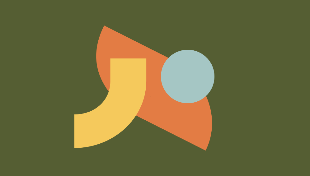 Abstract geometric composition with a green background, featuring a blue circle overlapping a red diagonal shape and a yellow quarter circle.