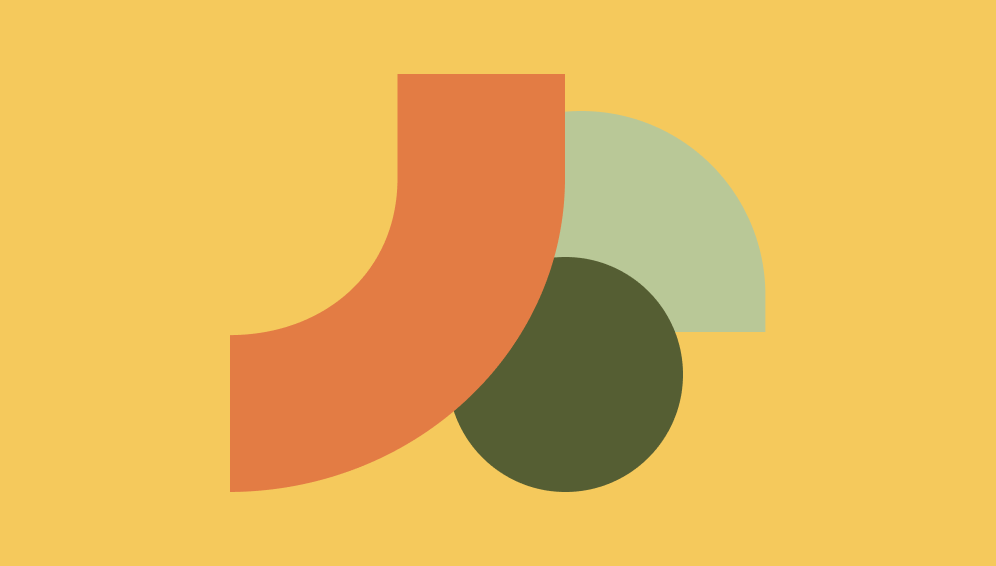 Abstract geometric shapes with rounded edges in various colors on a yellow background.