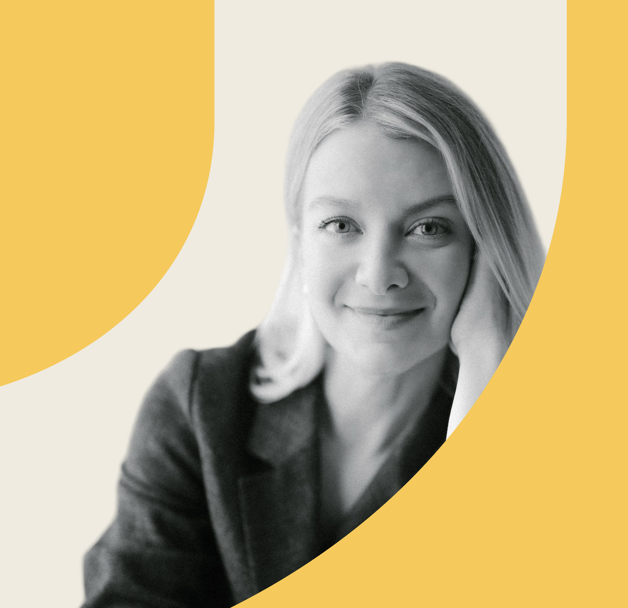 A black-and-white portrait of a woman with light hair, smiling, with yellow semi-circles partially framing her face on a light background.