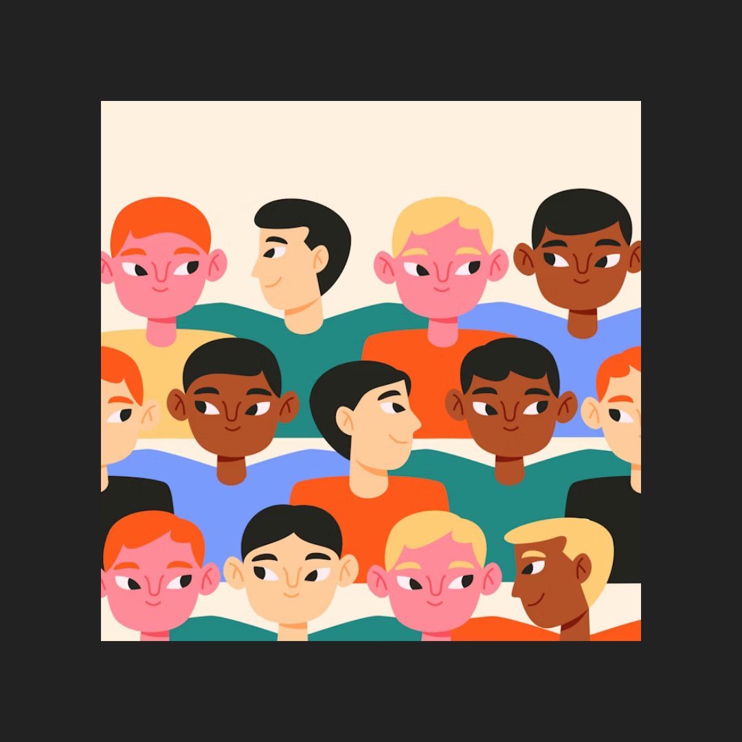 Illustration of diverse young people with different skin tones and hair colors, smiling and looking at each other in a casual setting.