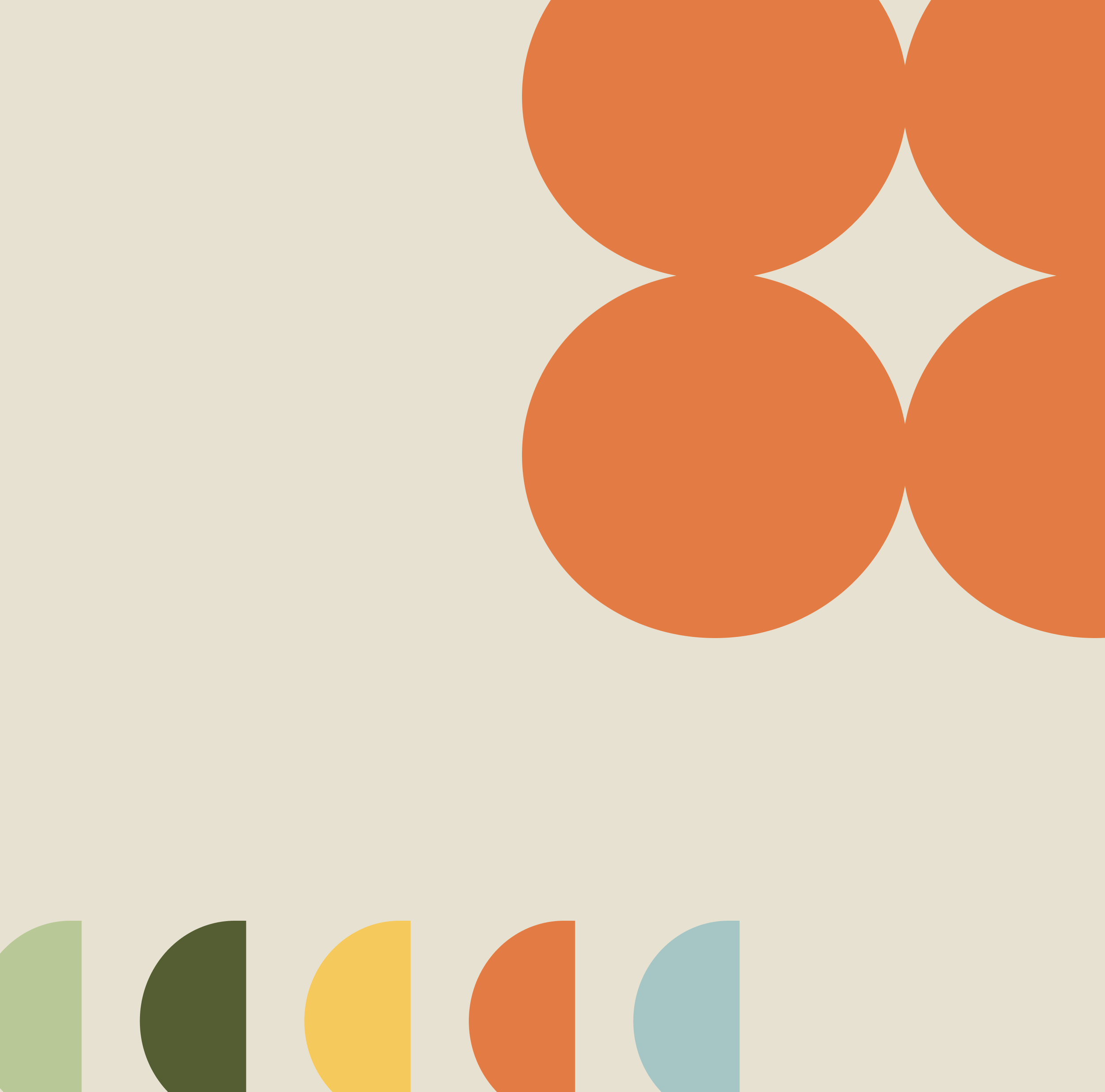 Abstract geometric pattern with circles in shades of orange, green, yellow, and blue on a beige background.