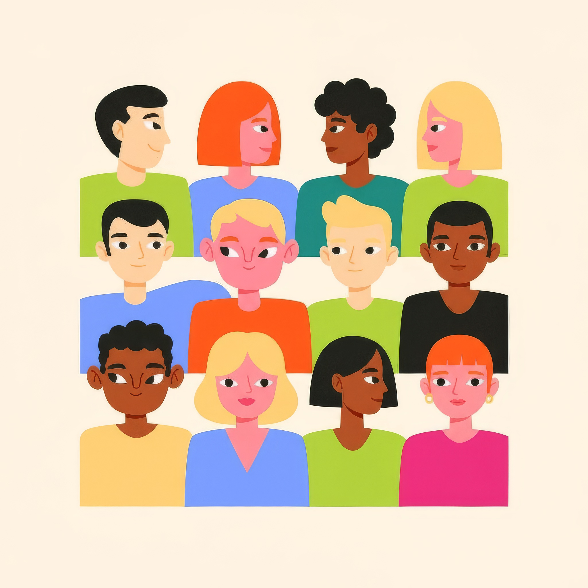 Illustration of diverse people with different hair colors and styles, smiling and looking at each other, arranged in rows on a light background.