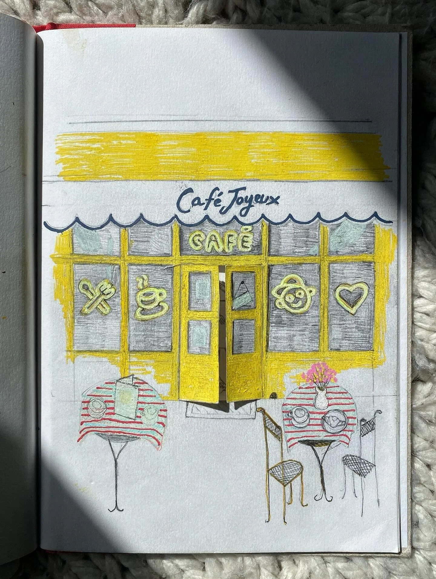 Just for fun - to show the drawing process from idea to pencil sketch to digital artwork. We found this cute little happy cafe 😍 in Nantes on holiday last year 💛☀️. The staff were closing the doors for the day, so we were too late to go inside. 

I