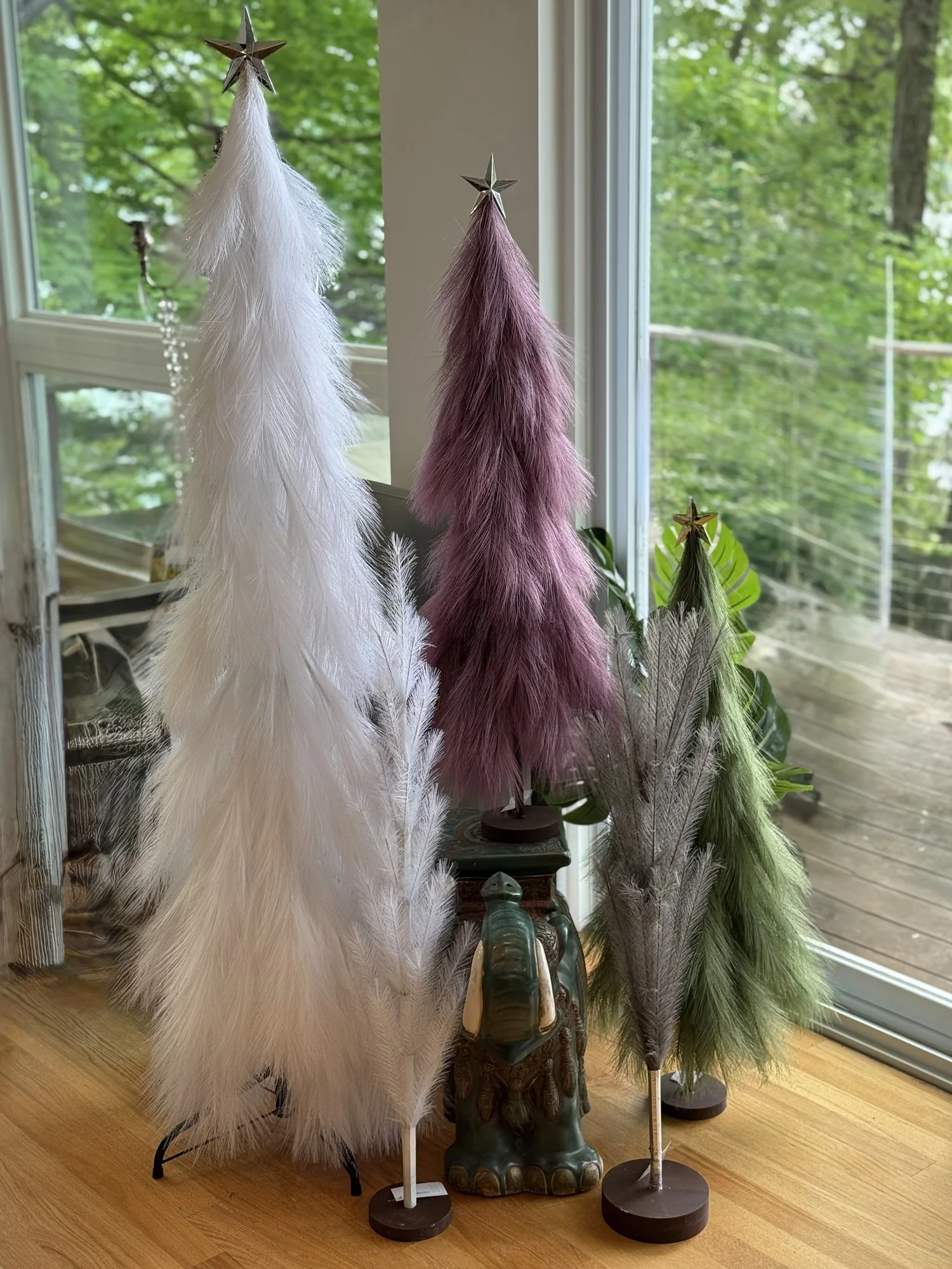 Nylon feather trees in white, mauve and green