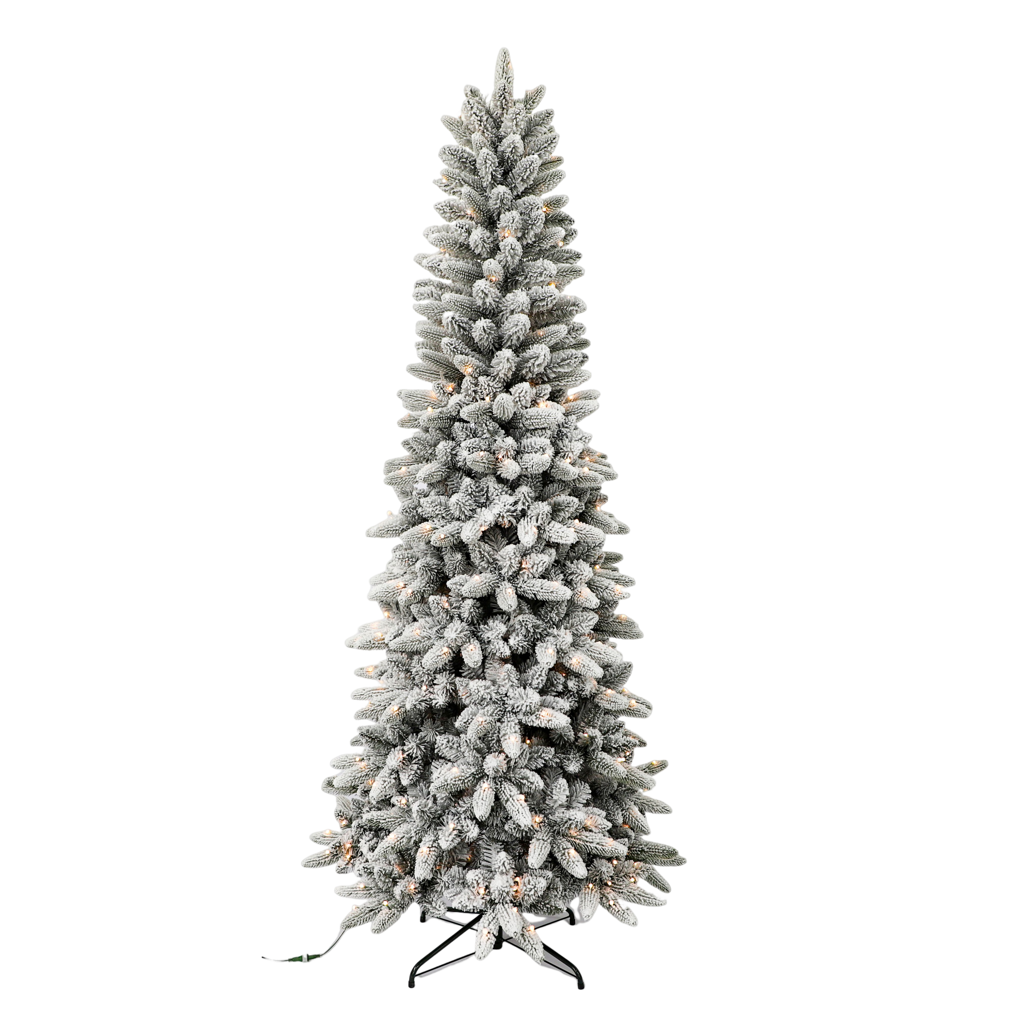 Decorative faux Christmas trees with white flocking finish and led lights for retail visual merchandising seasonal in-store displays, manufactured by Schwam Sourcing Group