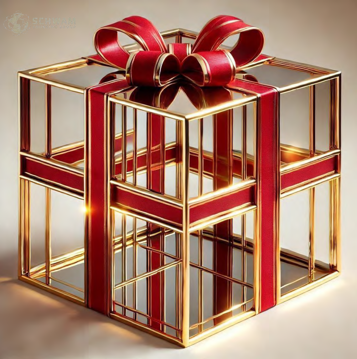 Oversized illuminated gift box sculpture with a red bow