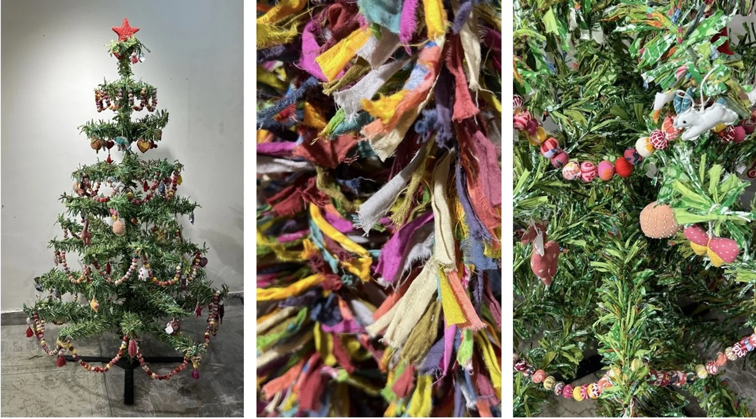 Upcycled Christmas tree decorated with colorful fabric scrap garland