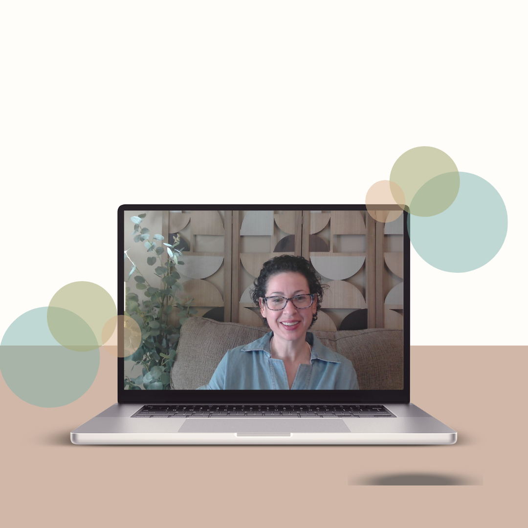 Woman holding a yellow mug while on a video call with a smiling woman on her laptop in a bright, cozy living room.