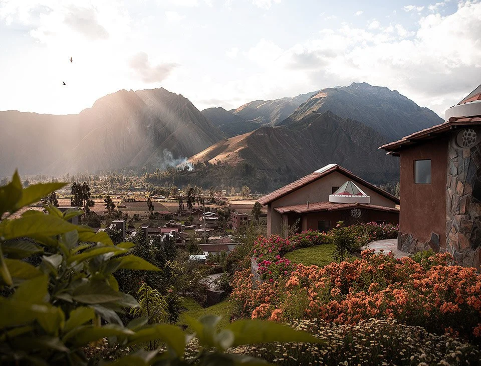 Gardens and mountain views at the Pachamama Rising yoga retreat in Peru's Sacred Valley