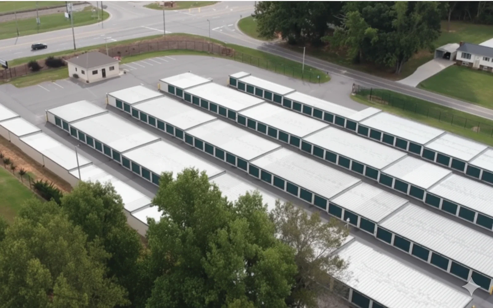 Aerial overview of Farm House Storage in Statesville NC showing clean driveways and fenced property.