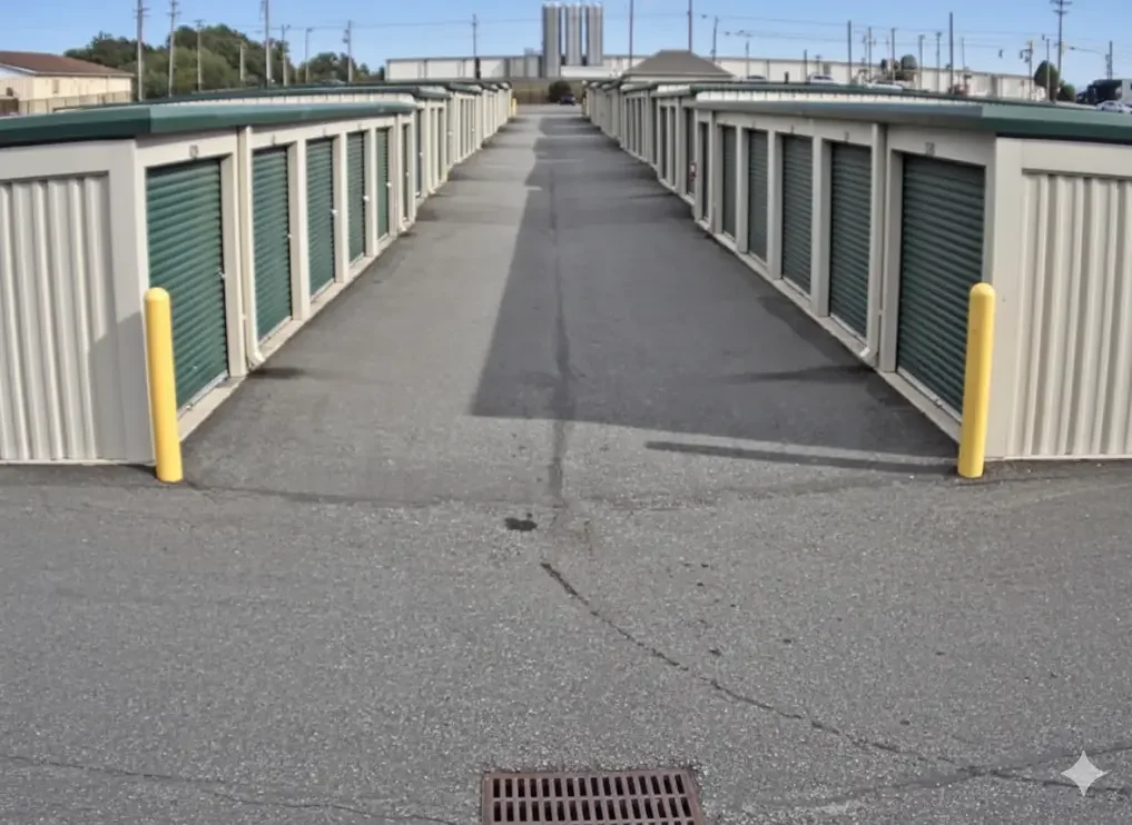 Wide drive lanes between storage buildings at Farm House Storage, easy vehicle access.