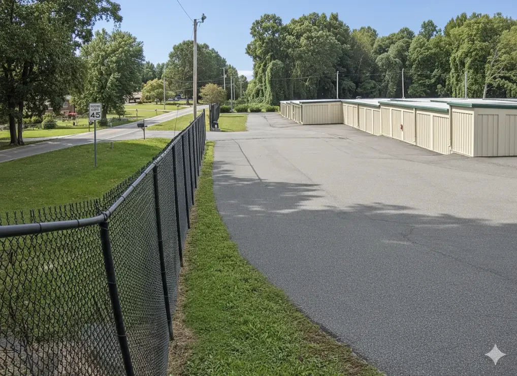 Storage units bordered by landscaping and security fencing at Farm House Storage in Statesville NC.