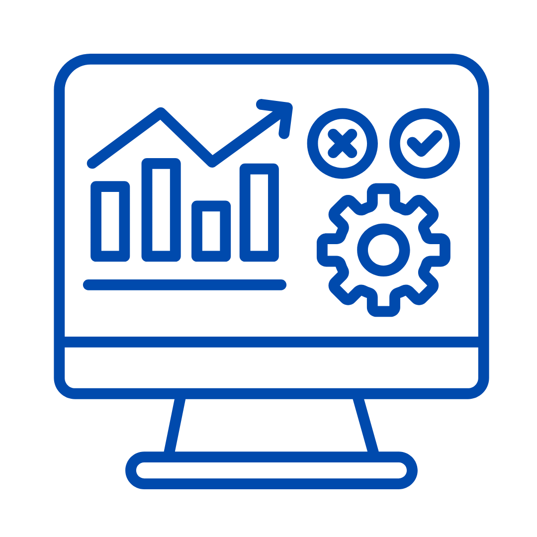 Illustration of a computer monitor displaying data analysis icons, including a bar chart, line graph, check and cross marks, and a gear symbol.