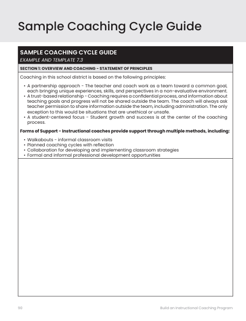 Sample coaching cycle guide page with principles and support methods listed, including classroom visits, reflection, and professional development.