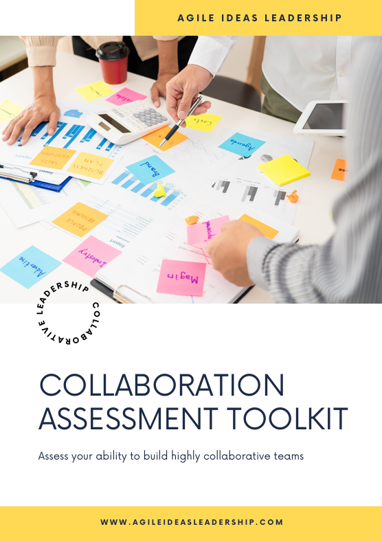 Group collaborating at a table with documents and sticky notes, featuring text 'Collaboration Assessment Toolkit' and 'Agile Ideas Leadership'