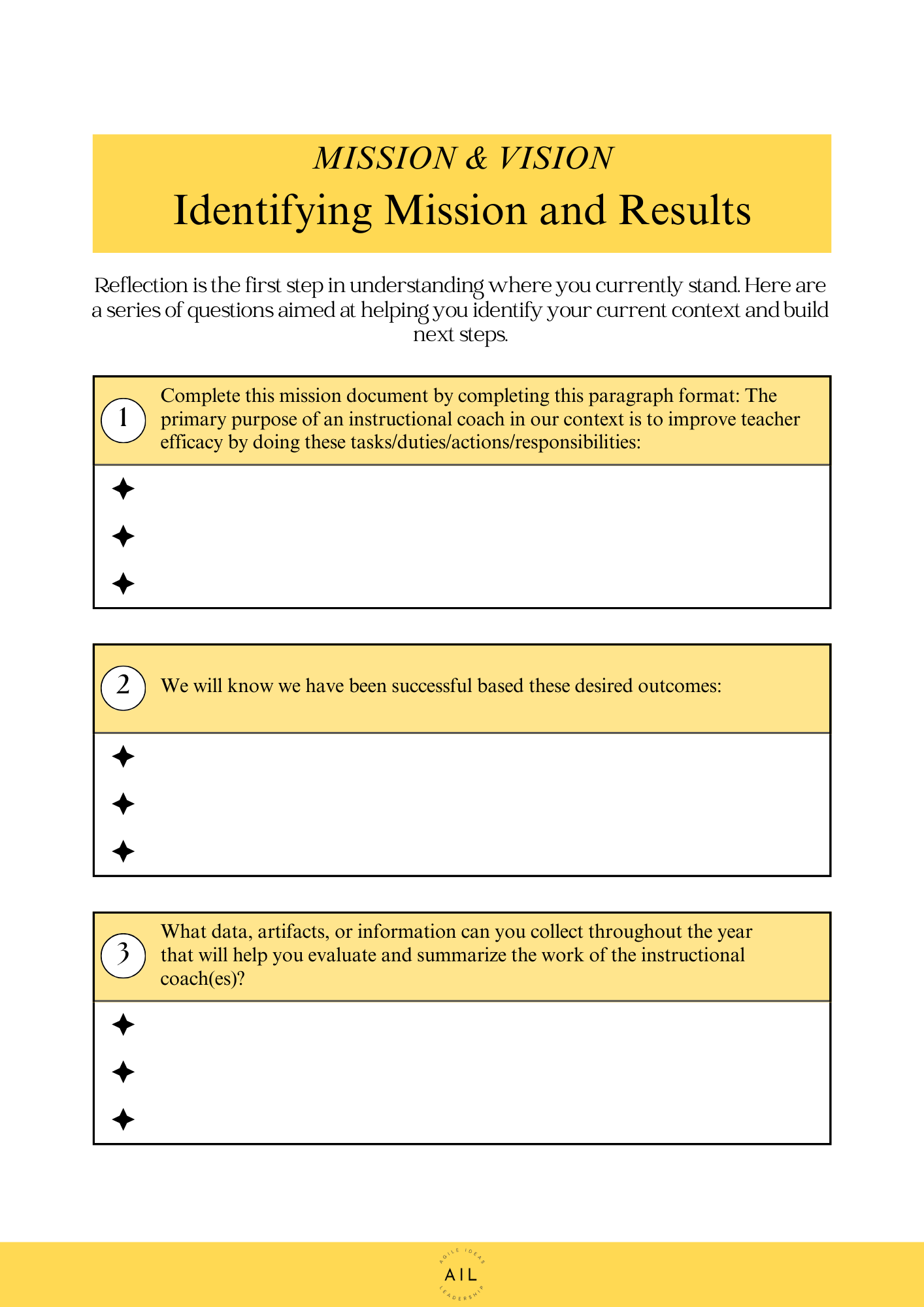 Instructional coaching worksheet with three sections for reflection: identifying mission, measuring success, and data collection plan.