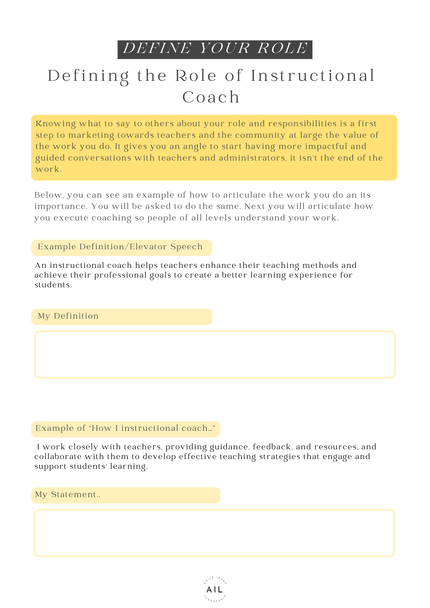 Instructional coach role description with example definitions and statements. Includes sections for "My Definition" and "My Statement." Offers insight into how to articulate the instructional coach role to others.