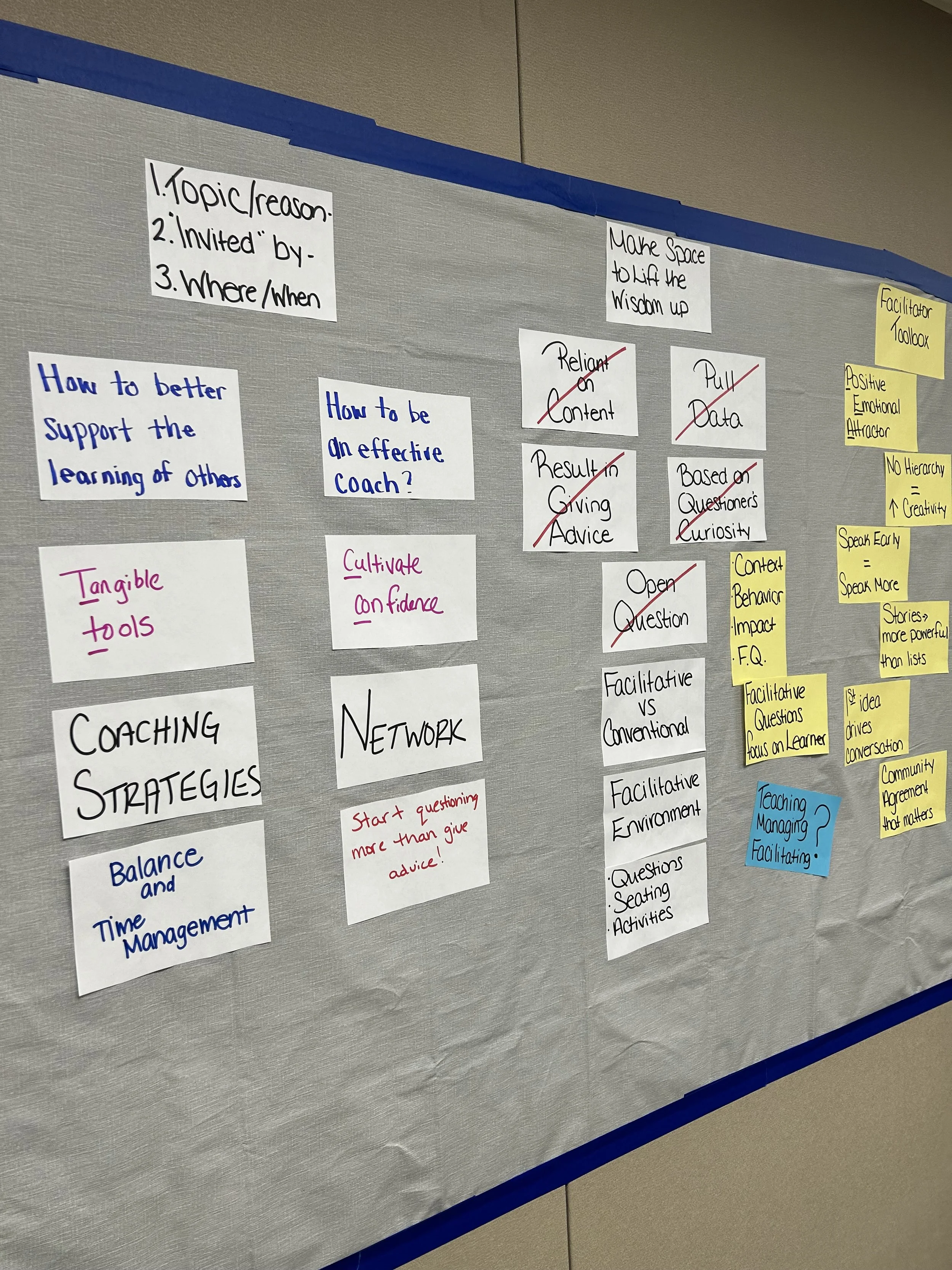 Bulletin board with sticky notes displaying topics like coaching strategies, questioning techniques, and facilitation tips.