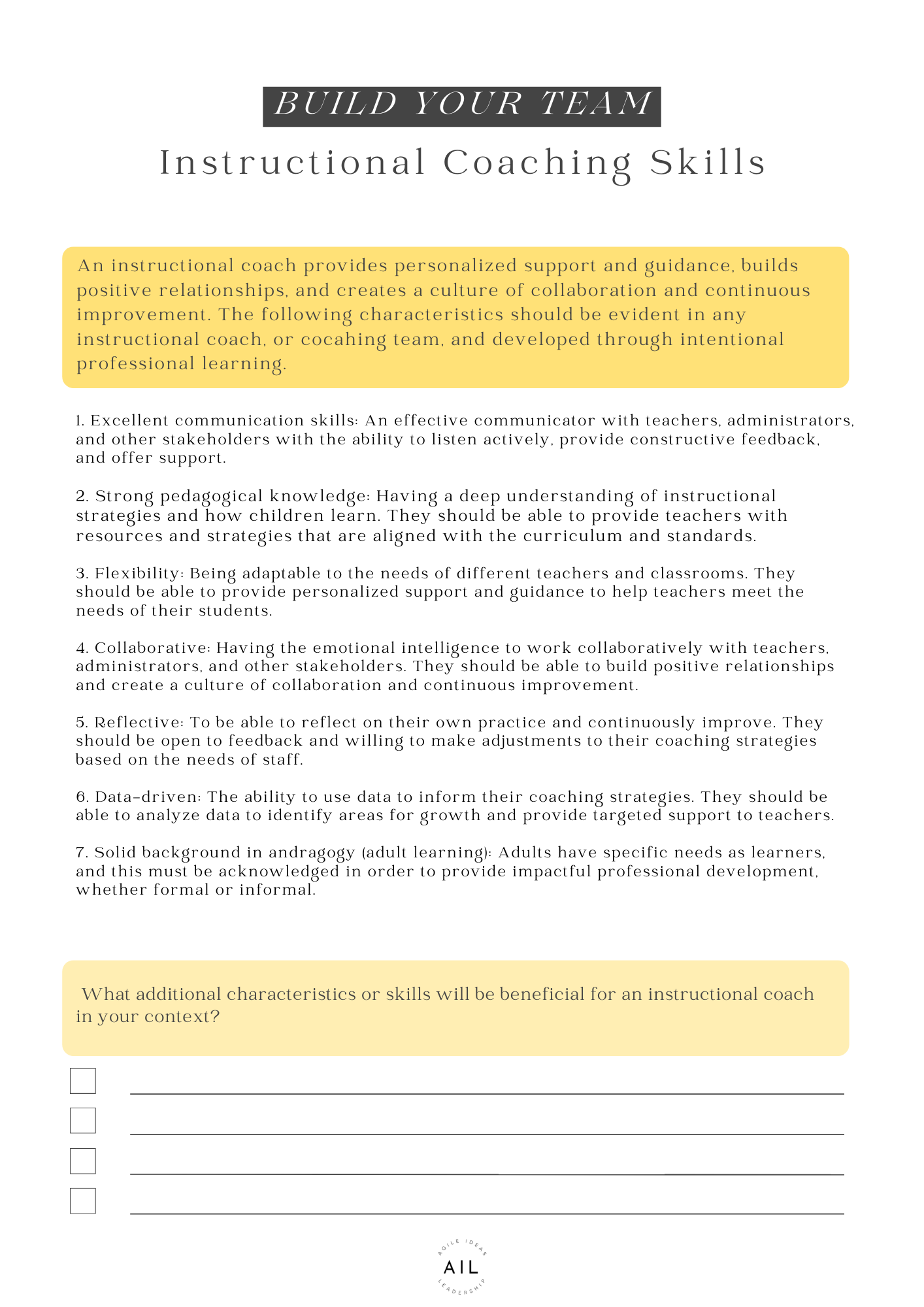 Instructional coaching skills document highlighting characteristics like communication, pedagogy, flexibility, collaboration, reflection, data-driven, and andragogy for effective coaching support.
