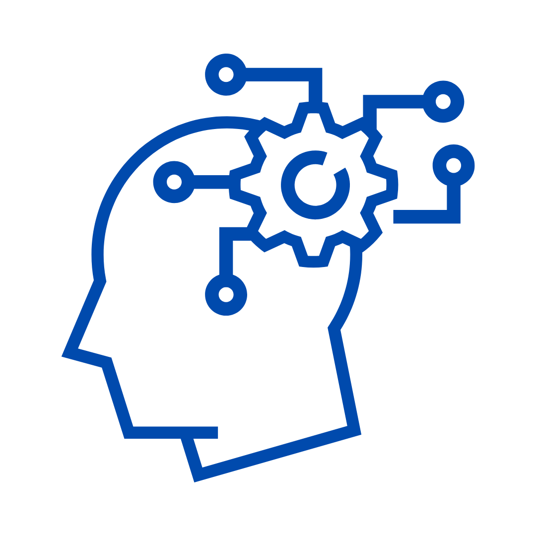 Outline of a human head with a gear and circuit lines, symbolizing artificial intelligence or technology integration.