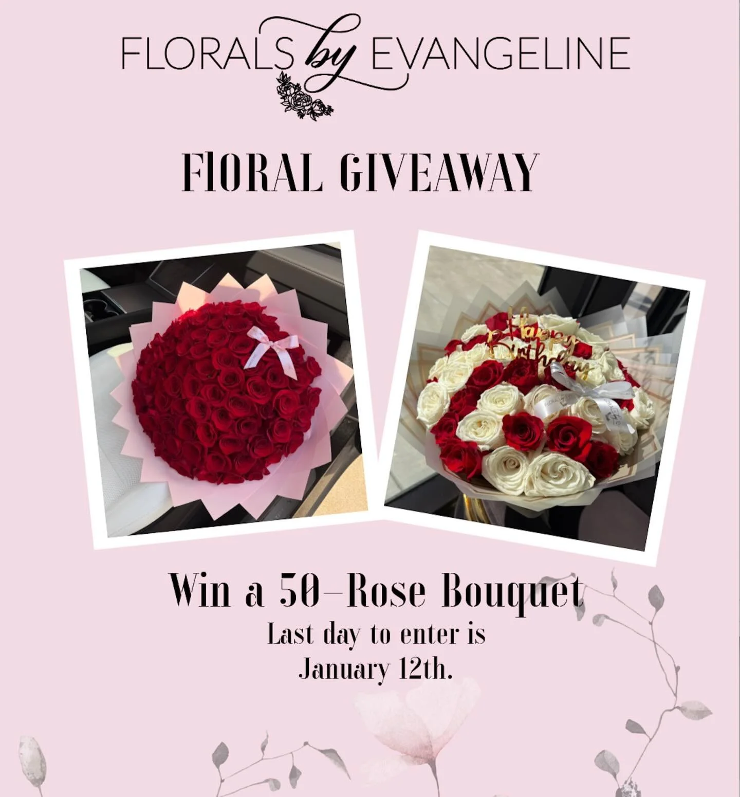 🌸✨ GIVEAWAY TIME! ✨🌸
We&rsquo;re kicking off the new year with a Flower Giveaway 💐💕

Want to win a stunning 50-count rose bouquet from Florals by Evangeline?
Perfect to brighten your space &mdash; or surprise someone special 🌷💖

🗓 Last day to 