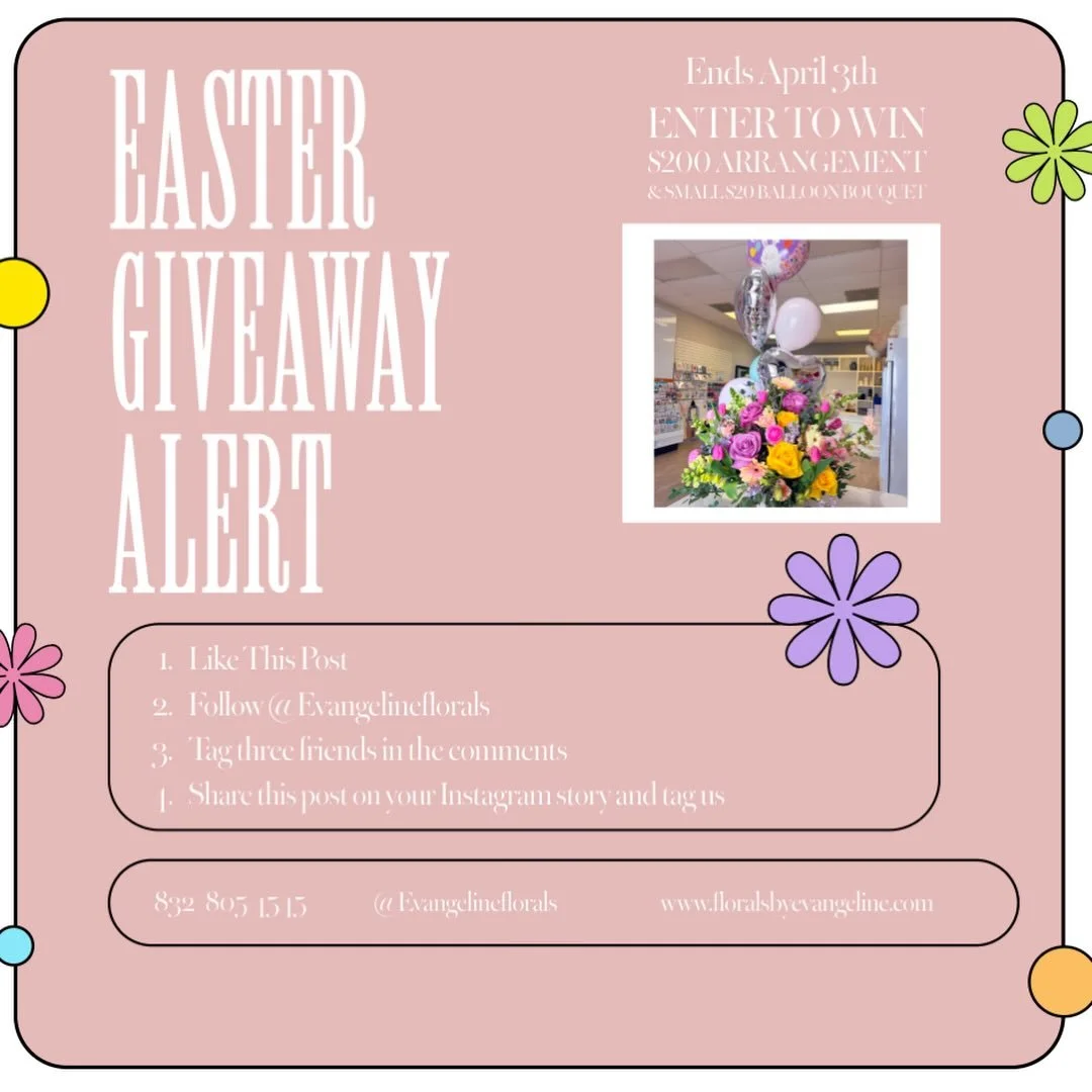 🐰🌸 EASTER GIVEAWAY ALERT 🌸🐰

We&rsquo;re spreading a little extra spring joy this season 💐✨
Enter for a chance to win a $200 floral arrangement + a small balloon bouquet 🎈🌷

Here&rsquo;s how to enter:
	1.	Like this post 🤍
	2.	Follow @evangeli