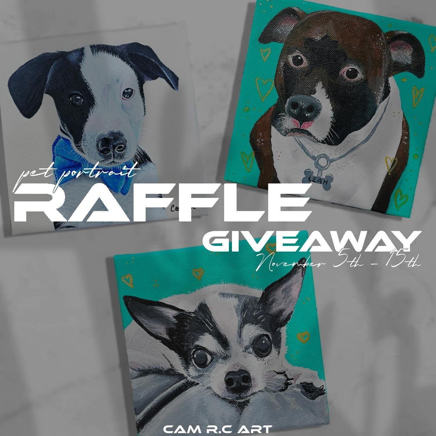 Custom Pet Portrait Raffle Giveaway! 🦮💖

With the holidays rolling in soon, this is the perfect time to enter to win a custom pet portrait to gift away or to simply keep for yourself. I am having 2 giveaways, 1 on Instagram @camrc_art &amp; 1 on X 