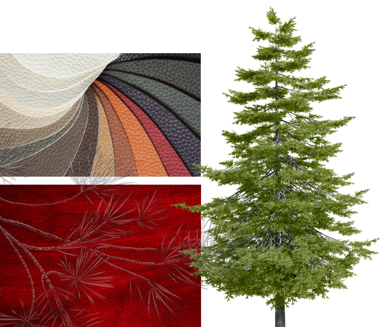 A collection of textured fabric samples in various colors and patterns and a tall, full green pine tree for Hearthstone Senior Living brand guides.