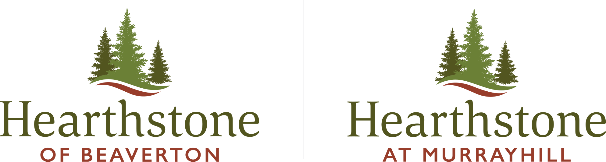 Side by side, the Hearthstone of Beaverton logo and the Hearthstone at Murrayhill logo, with A digital graphic design illustrating a landscape with green trees.