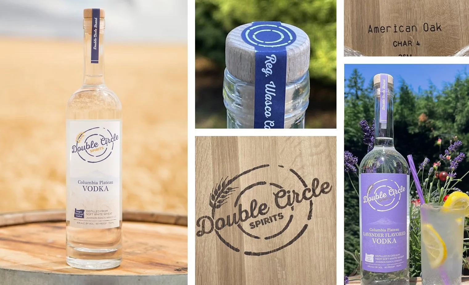 A collage of images showing a bottle of Double Circle Spirits Columbia Plateau Vodka, a lavender-flavored vodka, a close-up of the bottle cap, a wooden sign with the Double Circle Spirits logo, and a glass of cocktail with lemon slices and a straw.