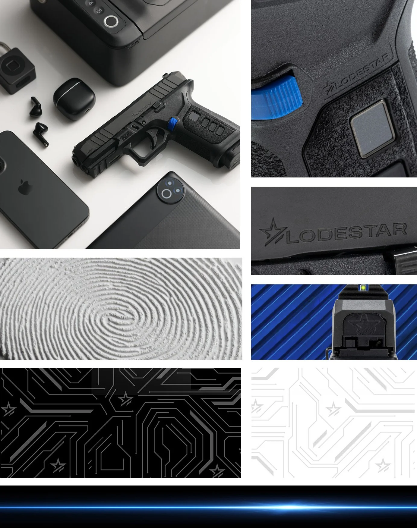 A collage of images featuring technology, a firearm, and digital circuit patterns. Key elements include a black handgun, earbuds, a smartphone, a tablet, and close-ups of electronic device buttons and textures. Digital circuit designs and a fingerprint pattern are also present.