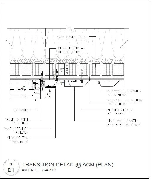 Architectural drawing of transition detail at ACM panel and corrugated metal panel.