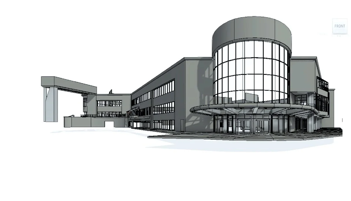 2D digital architectural rendering of a modern building with a rounded glass front entrance and multiple floors.