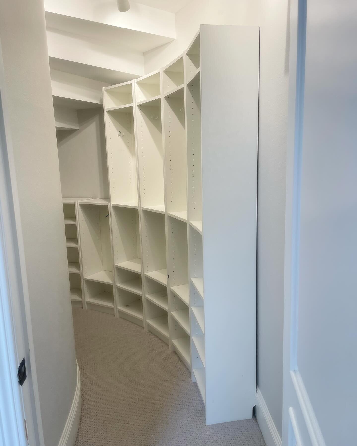 Those under the stairs, curved #closets can be tricky. 

This family of 6 didn&rsquo;t have a #mudroom, so we had my handyman install these bookshelves as storage lockers for each kid. Custom cabinetry is my favorite, but there are cost savings hacks