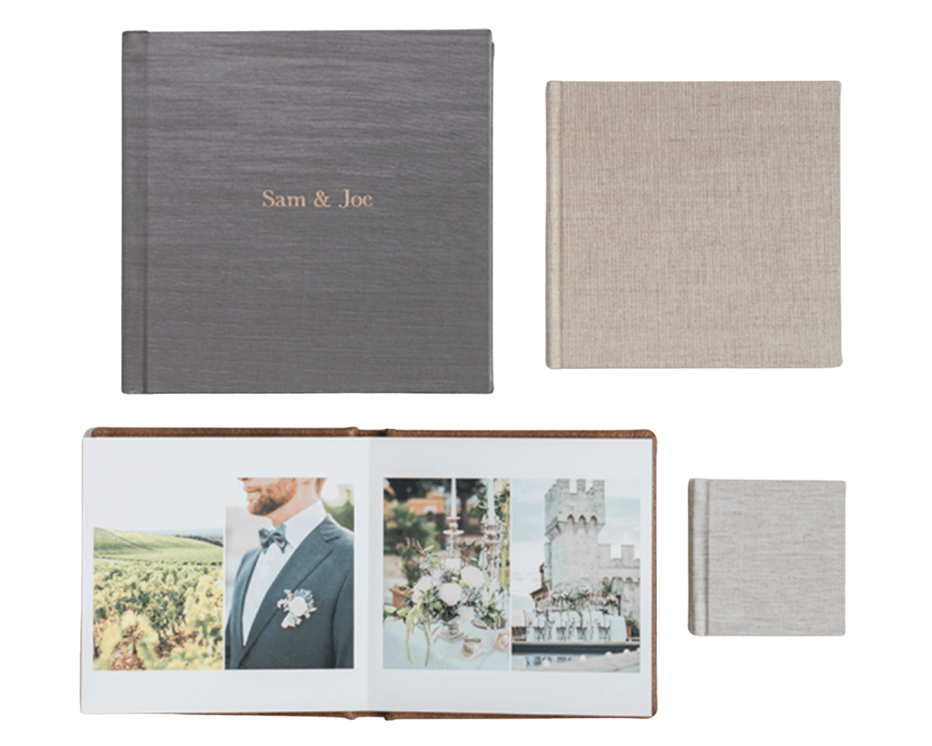 A wedding photo album with three sections. The first section displays a picture of a couple in wedding attire, the second shows floral arrangements, and the third features a castle or historic building.