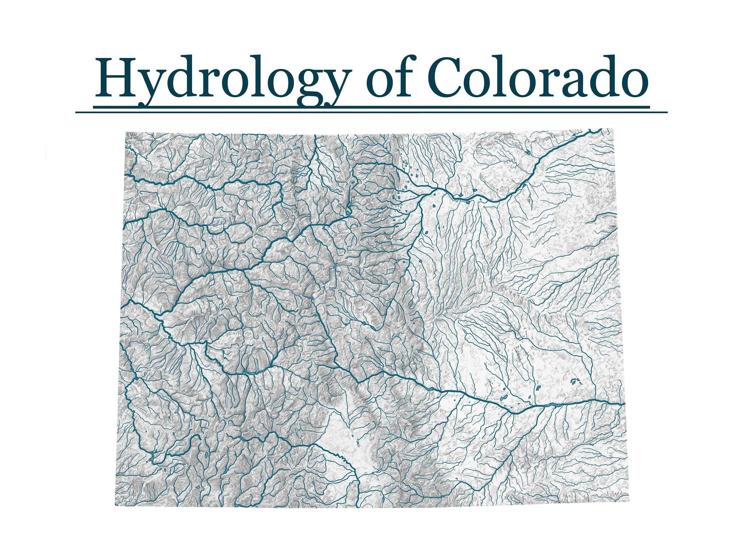 hydrological map of Colorado / graphite topography, water added digitally / 2025