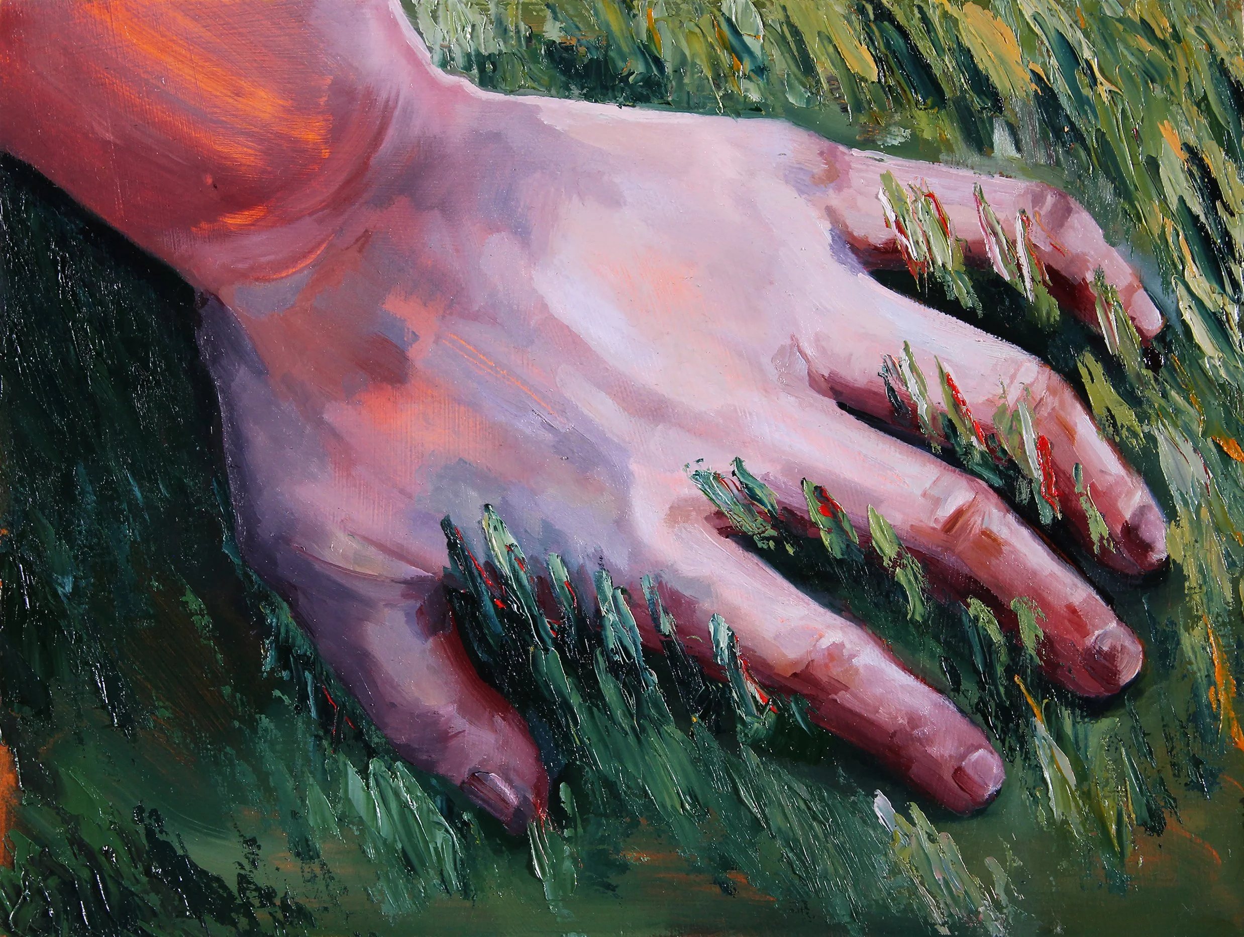 "The Grass Felt Like Blades" 
 2019
 acrylic and oil on panel
 9 x 12”