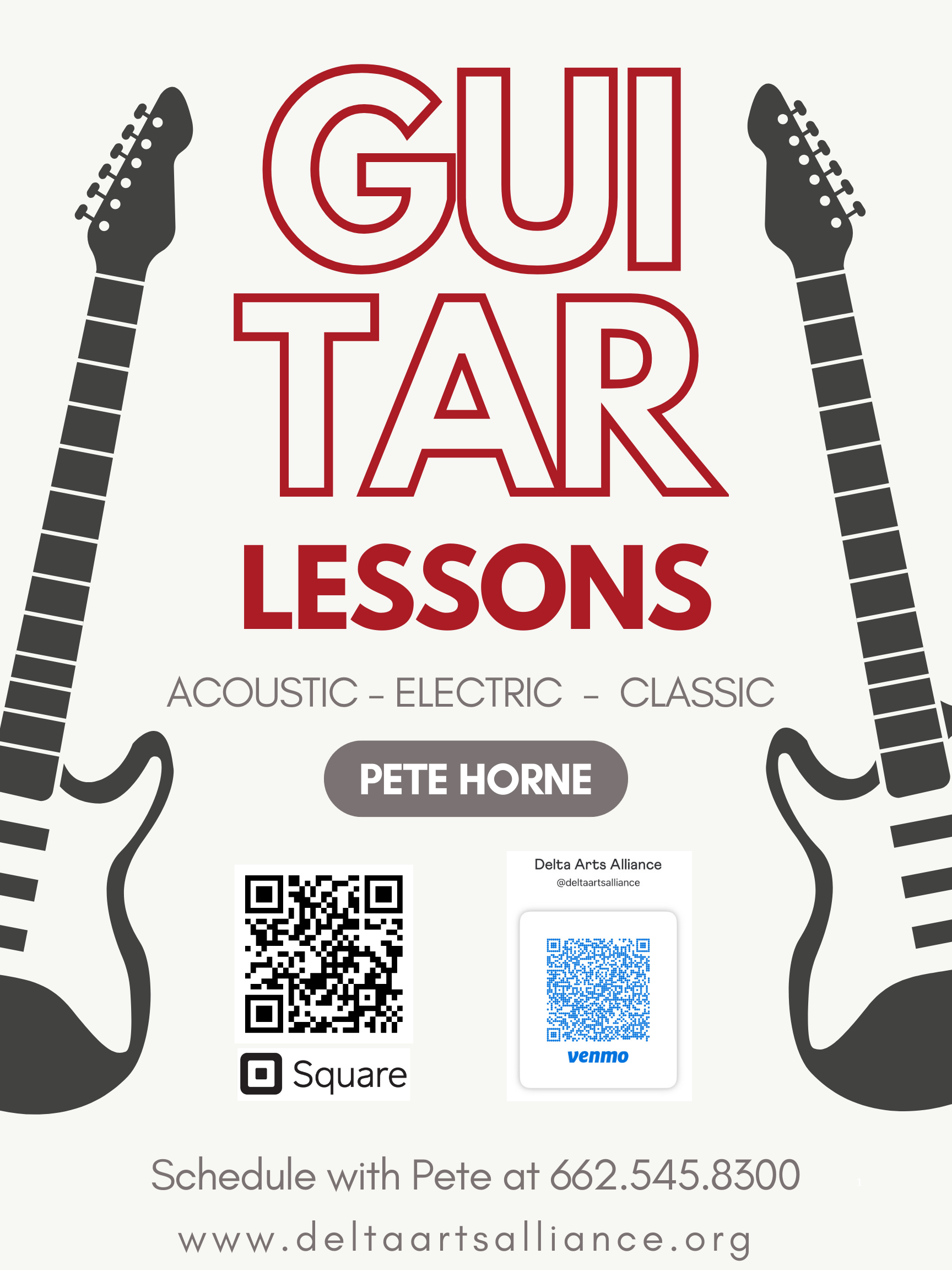 Private Guitar Lessons with Pete Horne

Sign up for single classes at $30/hour or in a series of 4 lessons at $100/4 lessons.

Schedule directly with Pete at 662.545.8300