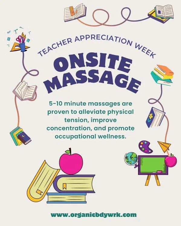 Monday, May 6th, 2024 thru Friday, May 10th, 2024 is Teacher Appreciation Week. 

Teachers, what&rsquo;s the best gift you&rsquo;ve received during Teacher Appreciation Week ? 

We recommend supporting our educators by sponsoring an onsite massage we