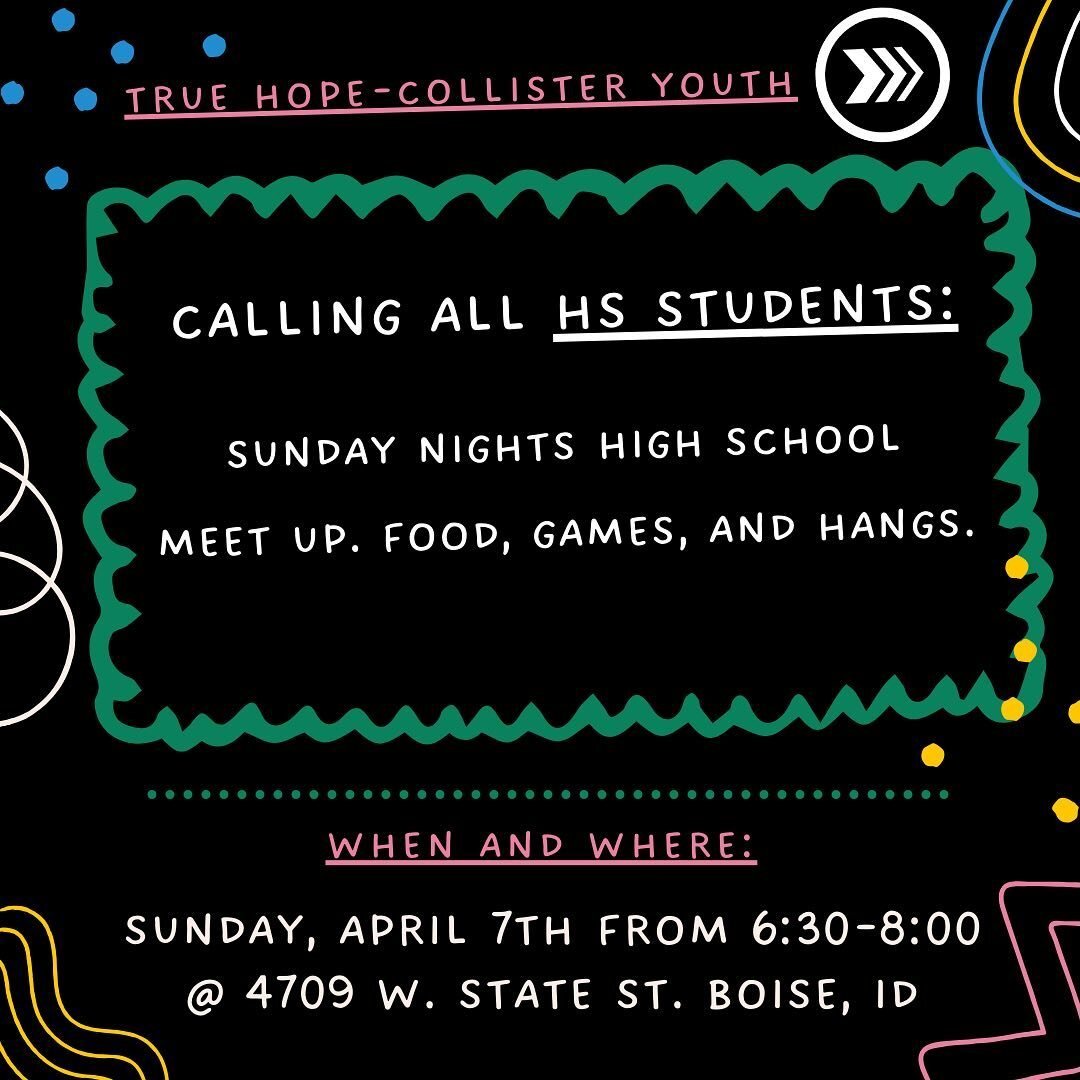 Calling all HIGH SCHOOL students! Starting April 7th, we will meet on Sunday nights.

Join us for a hangout that will have free food and games. Invite your friends, and don&rsquo;t miss an awesome time together!

DM us here with questions or email Mi