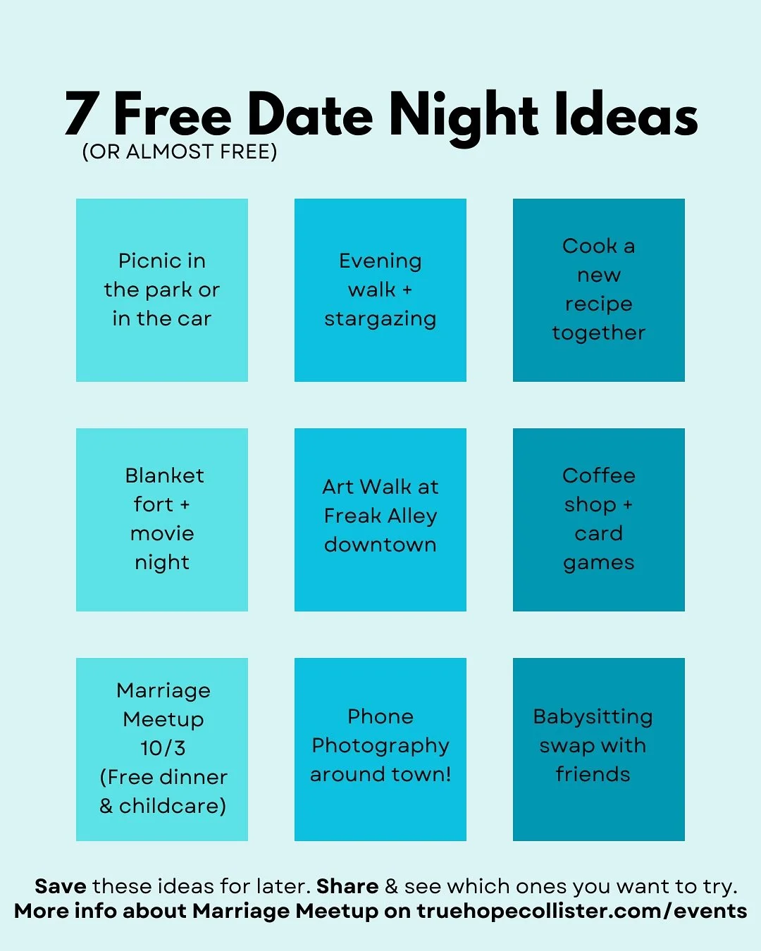 Dates don&rsquo;t have to break the bank. Here are 7 free/almost free date nights&mdash; including one we&rsquo;re hosting.👀

FREE CHILDCARE &amp; DINNER!! 10/3 @ 6pm
Register at truehopecollister.com/events

Save this for next time you&rsquo;re fee